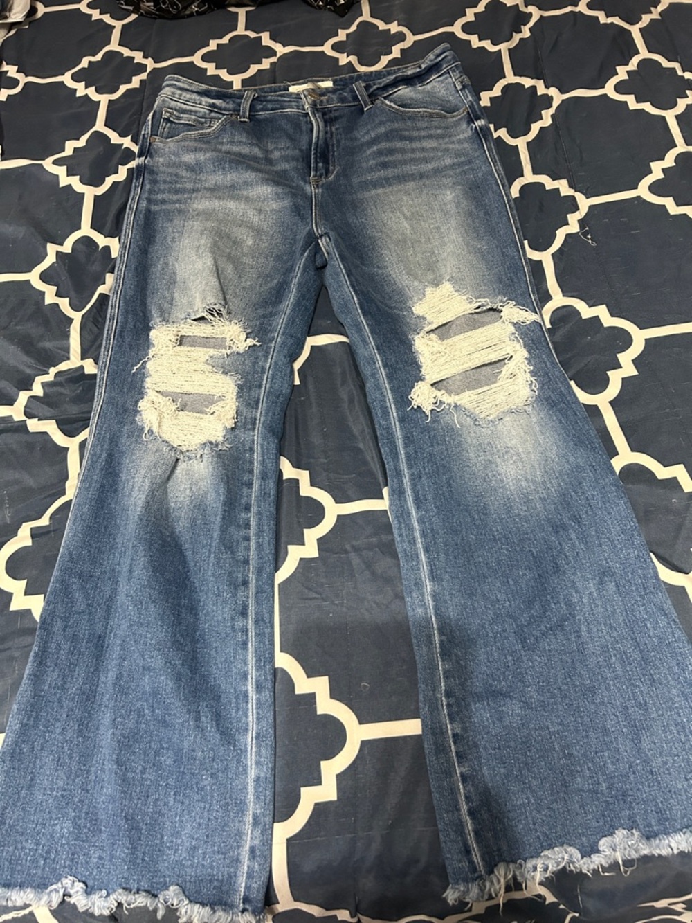 High-Rise Distressed Dark Blue Wide-Leg Jeans